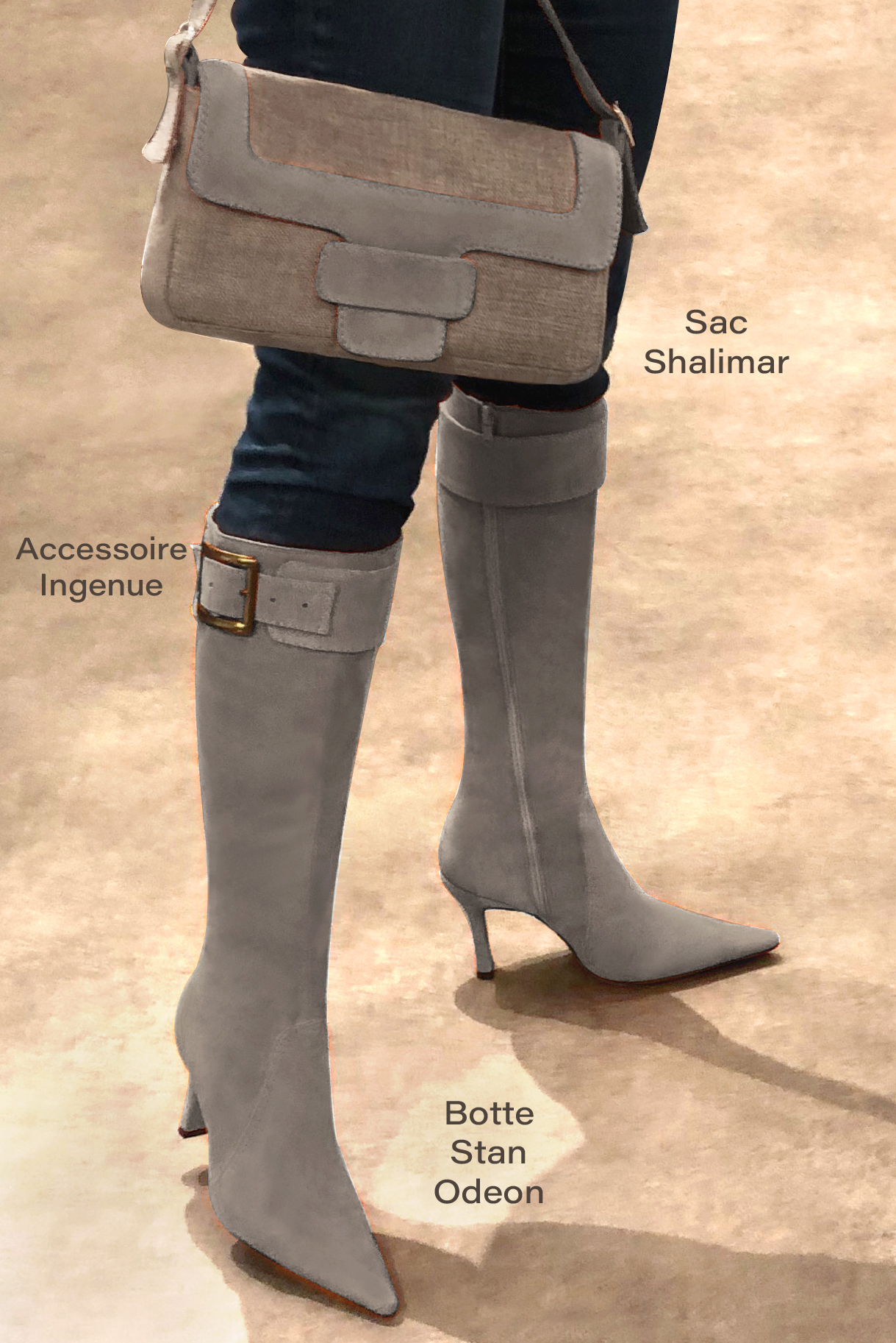 Bronze beige women's feminine knee-high boots. Pointed toe. Very high spool heels. Made to measure. Worn view - Florence KOOIJMAN